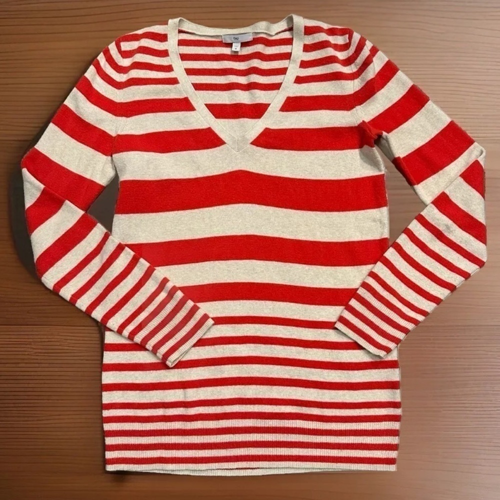 GAP Women's Sweater Cotton Silk V-Neck Size M Red Stripe Preppy Nautical French
